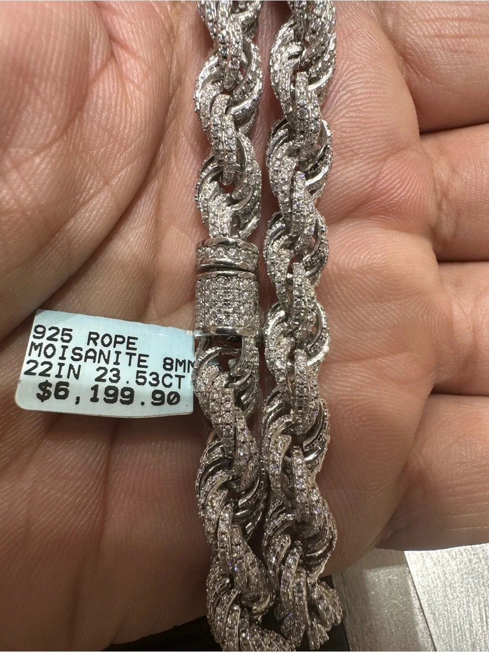 Sterling Silver Moissanite Rope Chain Necklace - White